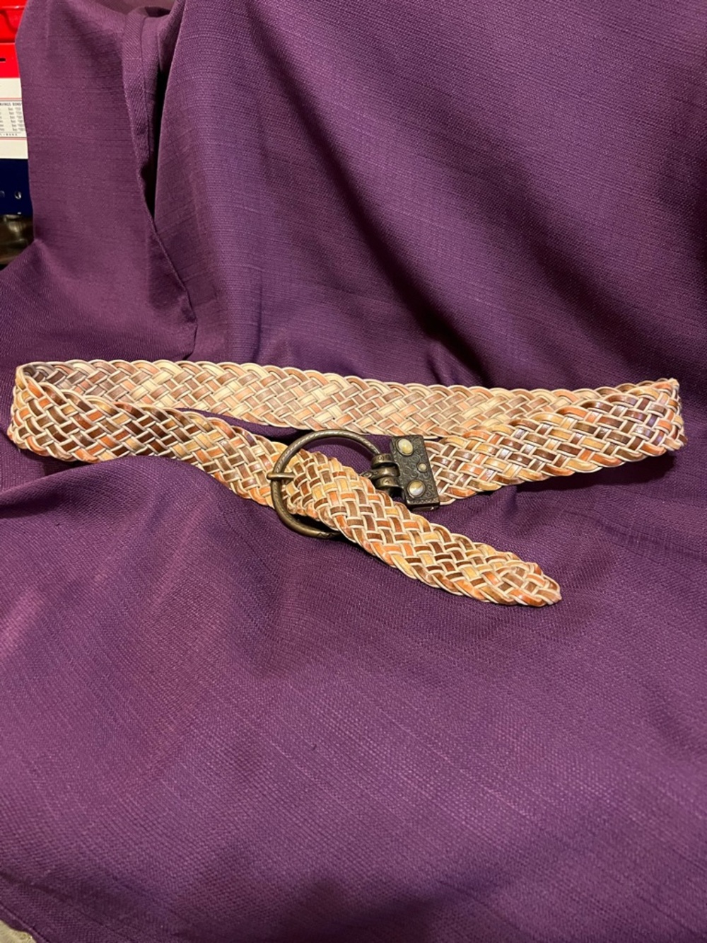 Vintage Suzi Roher Woven Braided Leather Belt in Tan and Cream